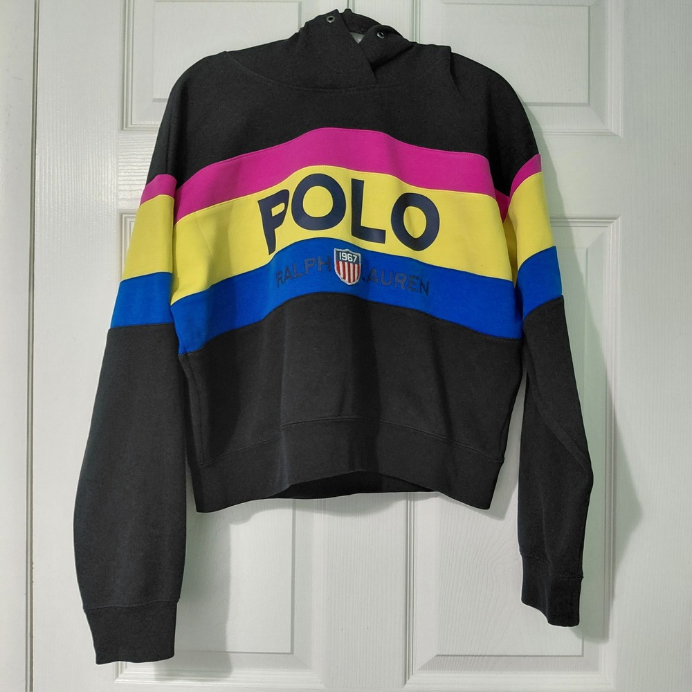 Polo Ralph Lauren Mens XL Colorblock Hoodie Black Pink Yellow Blue 1967 Crest